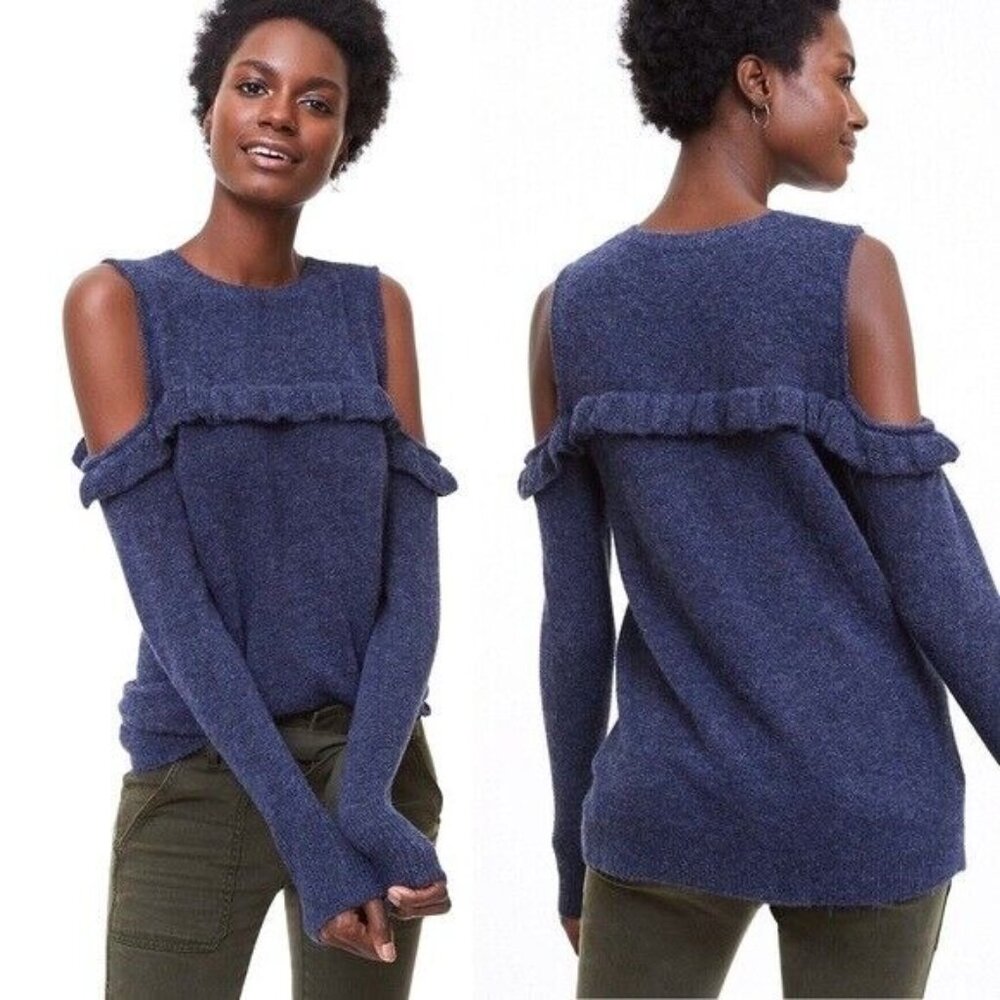 LOFT Sweater Blue Cold Shoulder Ruffle Fuzzy Stretch Long Sleeve